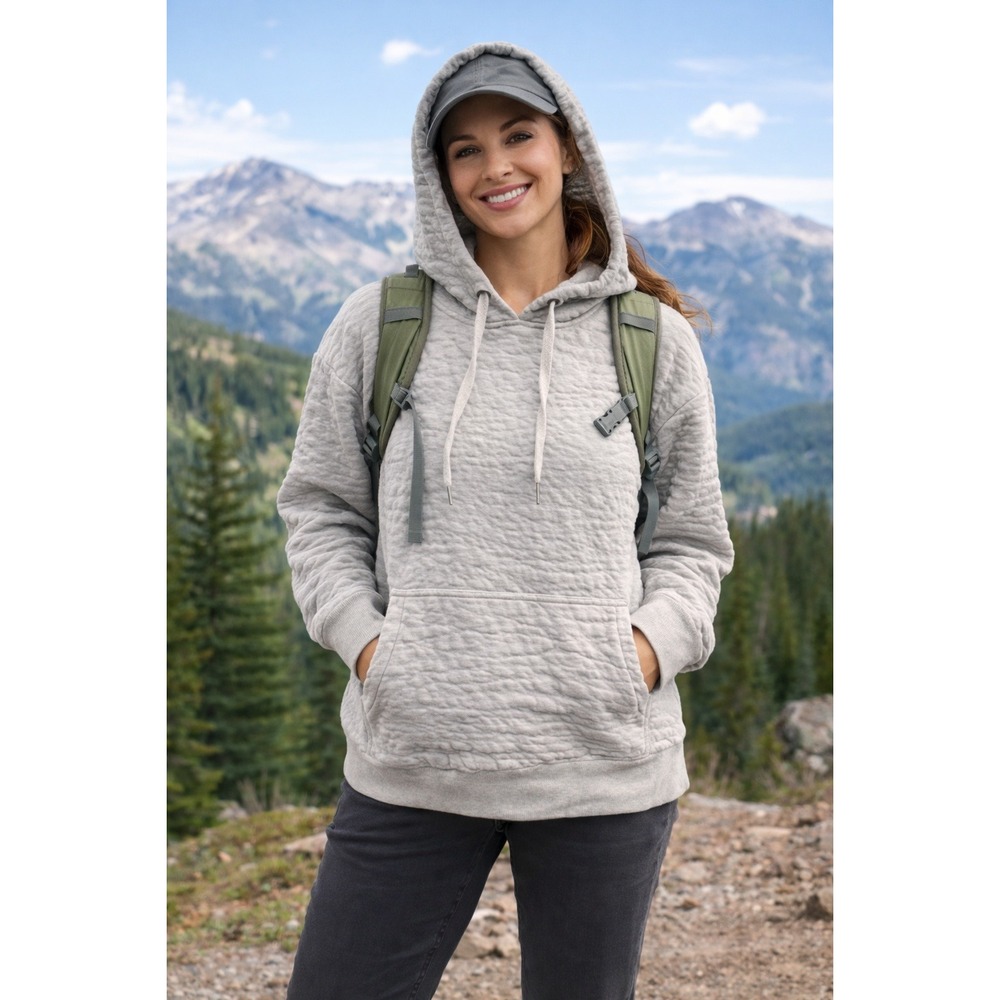 Prana Quilted Textured Hoodie‎ Sweatshirt Organic Cotton Light Grey Size Large